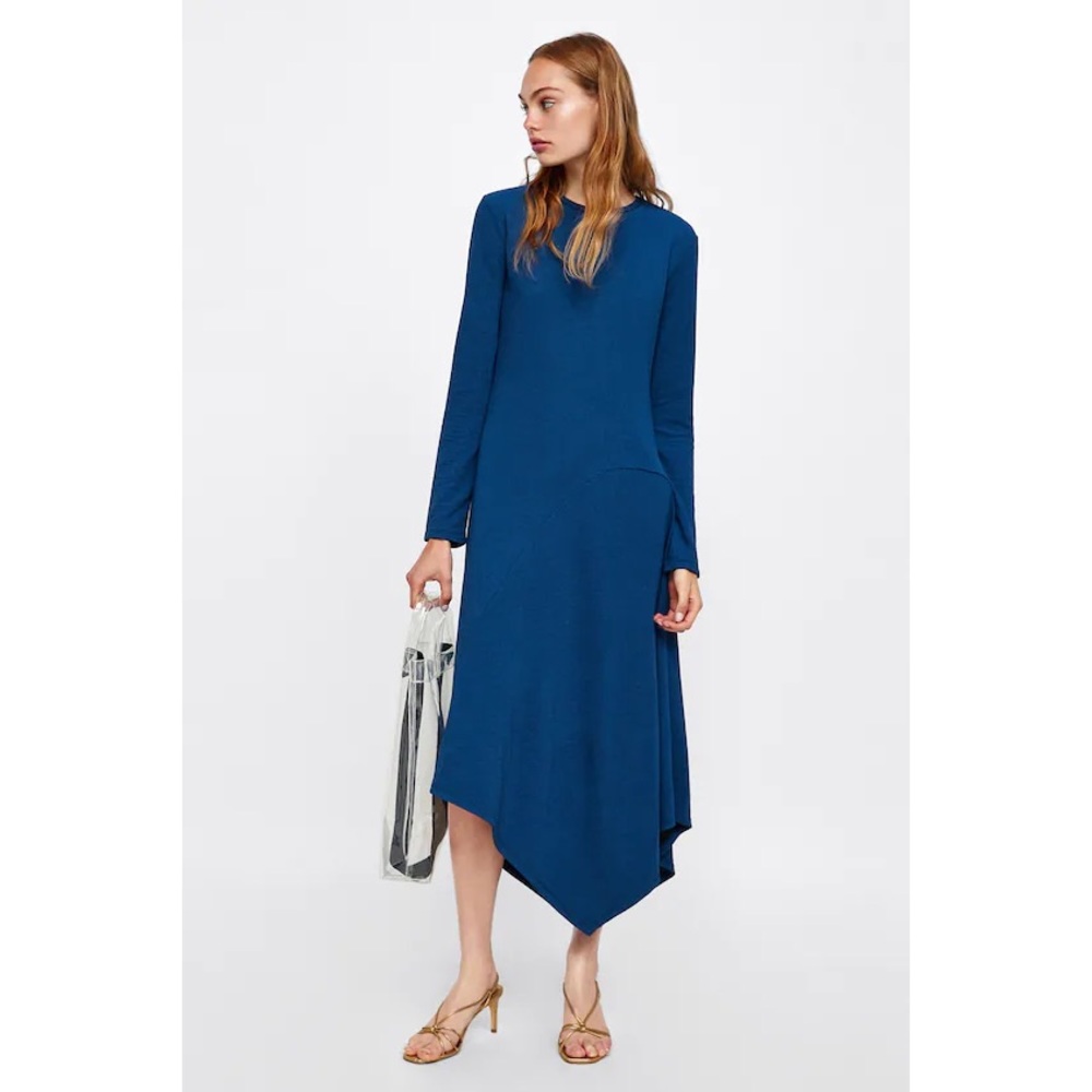 New Zara Long Sleeve Blue & Black Striped Dress